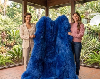 Blue Premium Sheepskin Sexto Rug & Throw–Genuine New Zealand Wool Rug Super Soft Gift For Colleague Decorative sheepskin Fur Throw 180 x 180