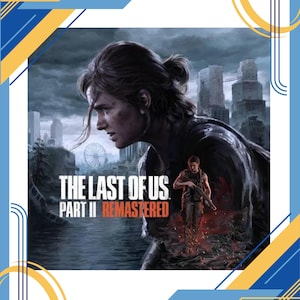 Könnte beinhalten: Das Videospiel-Cover The Last of Us Part II Remastered zeigt das Profil einer Person mit dunklem Haar vor einer postapokalyptischen Skyline mit einem Riesenrad. Eine kleinere Figur mit einem Gewehr steht im Vordergrund mit roten Akzenten.