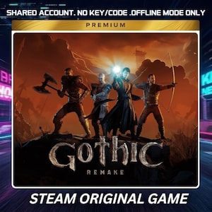 以下が含まれることがあります： Gothic Remakeのデジタルゲームカバー。暗いオレンジ色の空を背景に、岩だらけの地形に立つ4人のキャラクターが描かれています。テキストには「SHARED ACCOUNT. NO KEY/CODE .OFFLINE MODE ONLY」、「PREMIUM」、「GOTHIC REMAKE」、「STEAM ORIGINAL GAME」と書かれています。