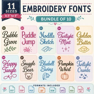 Könnte beinhalten: Ein digitales Paket mit 10 Stickschriften in 11 Größen von 1,27 cm bis 12,7 cm. Das Bild zeigt 10 nummerierte Schriftmuster mit Namen wie Bubble Grove, Puddle Jump und Pumpkin Whirl sowie verschiedene Dateiformate wie DST, EXP und BX.