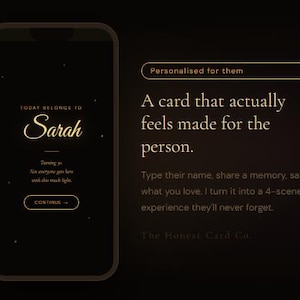 以下が含まれることがあります： スマートフォン画面上のデジタルインターフェース。Today belongs to Sarah, Turning 30, Not everyone gets here with this much lightというテキストとContinueボタンが表示されたパーソナライズされた挨拶文、および説明的なマーケティングテキストが記載されています。