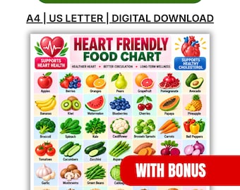 May include: A digital download chart titled Heart Friendly Food Chart with the text Make Every Meal Count, A4, US Letter, and With Bonus. The grid displays illustrations of fruits, vegetables, grains, and legumes with labels for each item.