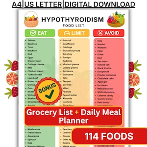 Pode incluir: Uma tabela de download digital intitulada Hypothyroidism Food List com três colunas rotuladas como Eat, Limit e Avoid. O documento inclui um autocolante bónus, uma lista de compras, um planeador de refeições e 114 alimentos com cestos de fruta.