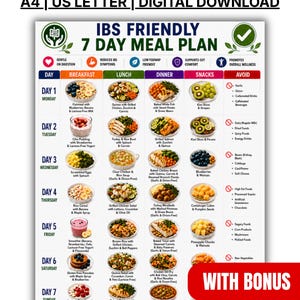 May include: A digital download chart titled IBS Friendly 7 Day Meal Plan, featuring a grid of daily breakfast, lunch, dinner, and snack options with images of food. The document includes an avoid list, health icons, and tips for digestion.