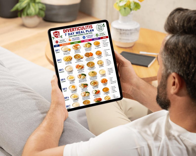 Diverticulitis meal planner PDF with low fiber food choices for weekly planning