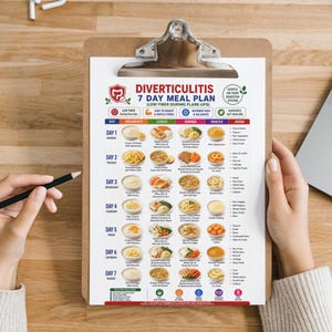 Low fiber meal planner with breakfast lunch dinner and snack food guidance
