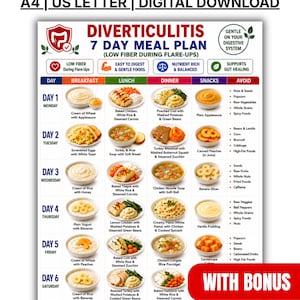 Diverticulitis 7 day meal plan printable with breakfast lunch dinner and snack ideas