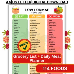 May include: A digital download chart titled Low FODMAP Food List with three columns labeled Eat, Limit, and Avoid. The chart includes a bonus sticker, a grocery list, a daily meal planner, and lists 114 foods in A4 and US Letter formats.