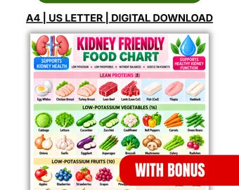 May include: A digital chart titled Kidney Friendly Food Chart with the text Make Every Meal Count, A4, US Letter, Digital Download, and With Bonus. The chart displays categorised illustrations of lean proteins, low-potassium vegetables, fruits, fats, oils, herbs, and spices.
