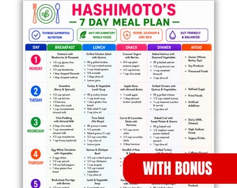 May include: A digital download Hashimoto's 7-day meal plan chart featuring a colourful grid layout. The document includes daily breakfast, lunch, snack, and dinner suggestions, along with a list of foods to avoid, formatted for A4 and US Letter sizes.