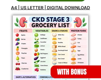 May include: A digital download chart titled CKD STAGE 3 GROCERY LIST, featuring categorised food groups like fruits, vegetables, grains, and proteins with illustrations. The document includes text headers, A4 and US LETTER size options, and a WITH BONUS label.