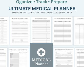 May include: A digital medical planner set featuring 30 printable pages with dark blue text on a light background. The cover displays the text YOUR PERSONAL HEALTH & MEDICAL PLANNER, Oganize, Track, Prepare, and ULTIMATE MEDICAL PLANNER with a plus sign.