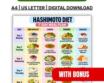 May include: A digital download meal plan chart titled Hashimoto Diet 7 Day Meal Plan with text Make Every Meal Count, A4, US Letter, and With Bonus. The grid displays daily breakfast, lunch, dinner, and snack options with food illustrations.