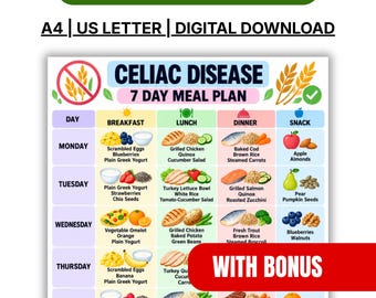 May include: A digital download chart titled Celiac Disease 7 Day Meal Plan with the text Make Every Meal Count, A4, US Letter, and With Bonus. The grid displays daily breakfast, lunch, dinner, and snack options with food illustrations.