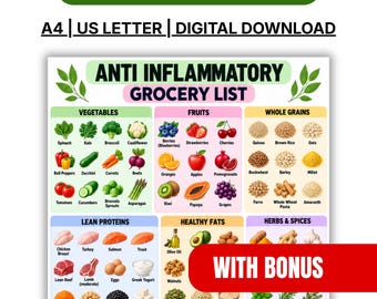 May include: A digital download chart titled Anti Inflammatory Grocery List with the text Make Every Meal Count, A4, US Letter, and With Bonus. The chart features categorised illustrations of vegetables, fruits, grains, proteins, fats, herbs, and dairy.