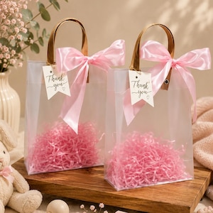 Girl Baby Shower Favor Bags, Pink Baby Shower Gift Bags, Baby Girl Party Favors, Frosted Gift Bags with Ribbon, Thank You Bags