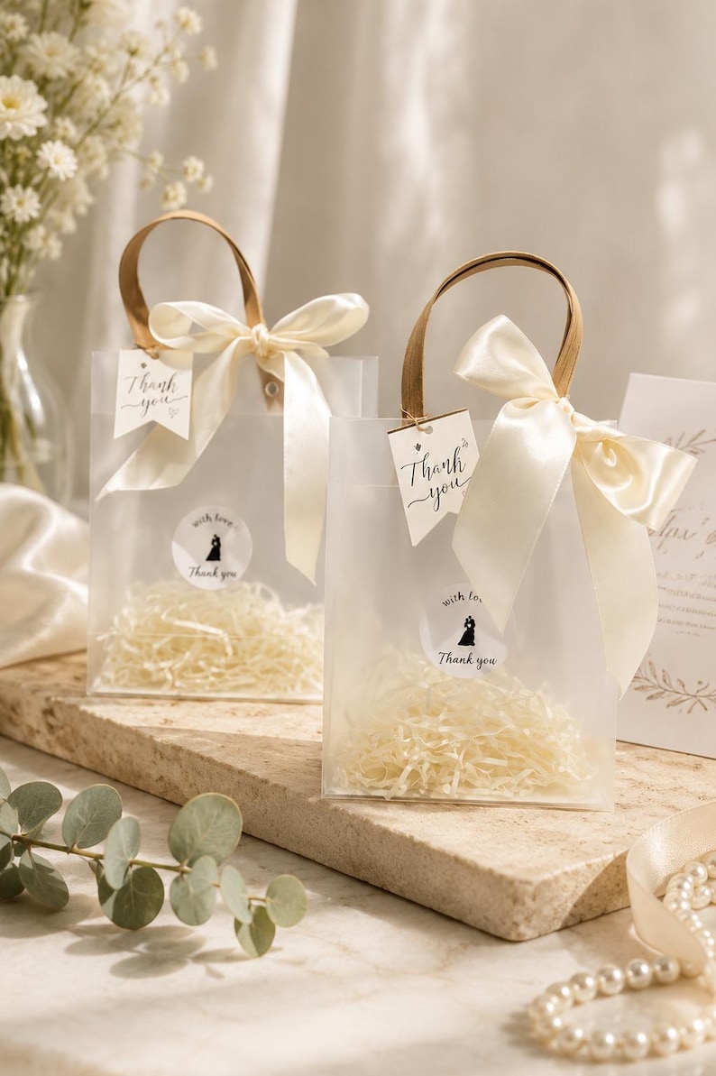 Ivory Wedding Favor Bags with Ribbon Handles, Transparent Gift Bags, Bridal Shower Favor Packaging, Elegant Wedding Welcome Bags