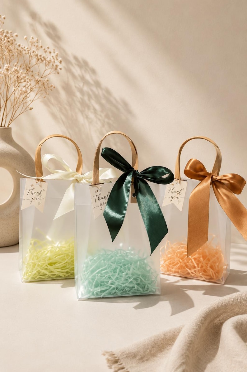 Ivory Wedding Favor Bags with Ribbon Handles, Transparent Gift Bags, Bridal Shower Favor Packaging, Elegant Wedding Welcome Bags