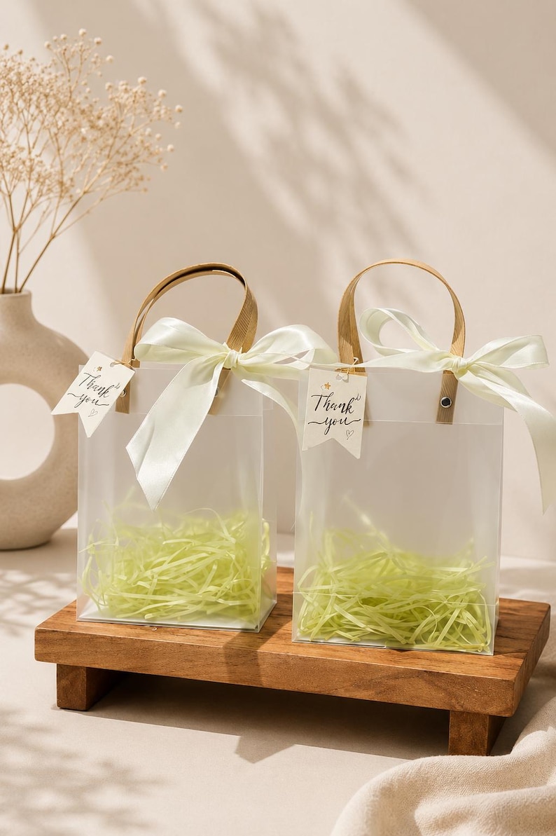 Ivory Wedding Favor Bags with Ribbon Handles, Transparent Gift Bags, Bridal Shower Favor Packaging, Elegant Wedding Welcome Bags