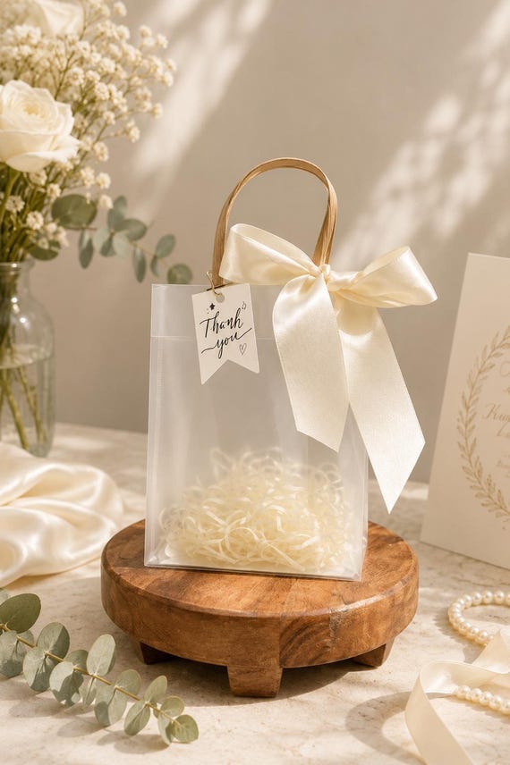 Elegant Ivory Wedding Favor Bags with Ribbon Handles | Transparent Bridal Shower Gift Packaging