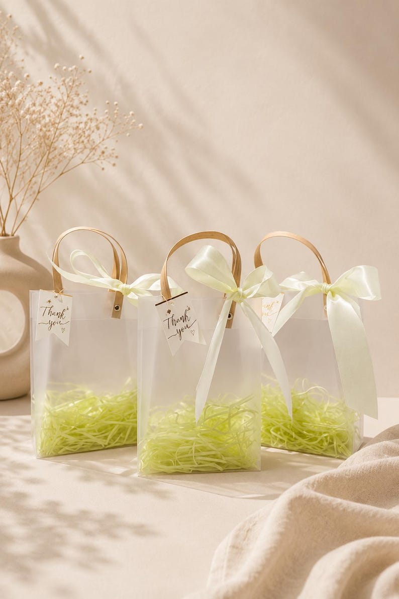 May include: Three clear, frosted gift bags with light brown handles and cream-colored ribbons tied in bows. Each bag contains light green shredded paper filler and features a small white tag with the text Thank you printed in black ink.