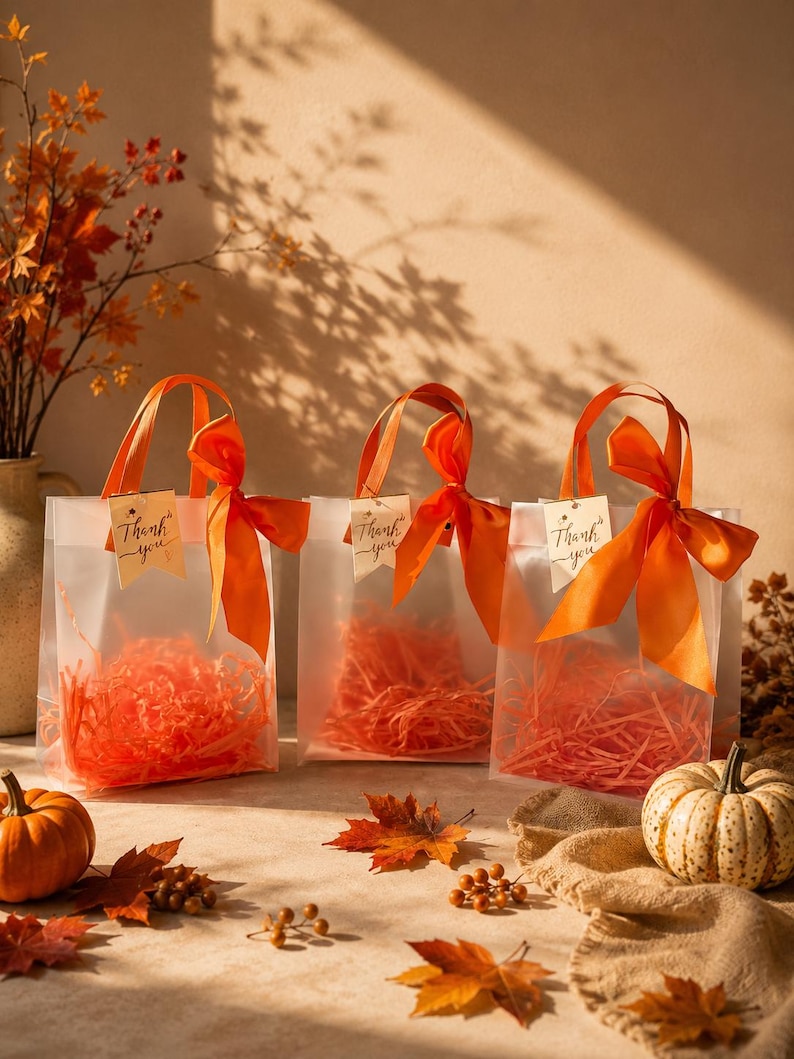 Fall Gift Bags with Orange Bow, Thanksgiving Favor Bags, Autumn Gift Bags, Fall Party Favors, Thank You Bags, Clear Gift Bags