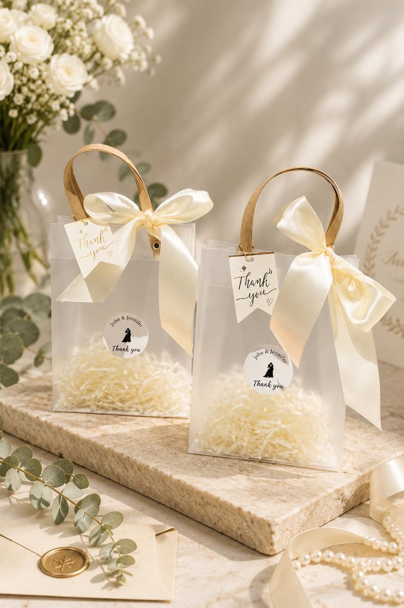 Ivory Wedding Favor Bags with Ribbon Handles, Transparent Gift Bags, Bridal Shower Favor Packaging, Elegant Wedding Welcome Bags