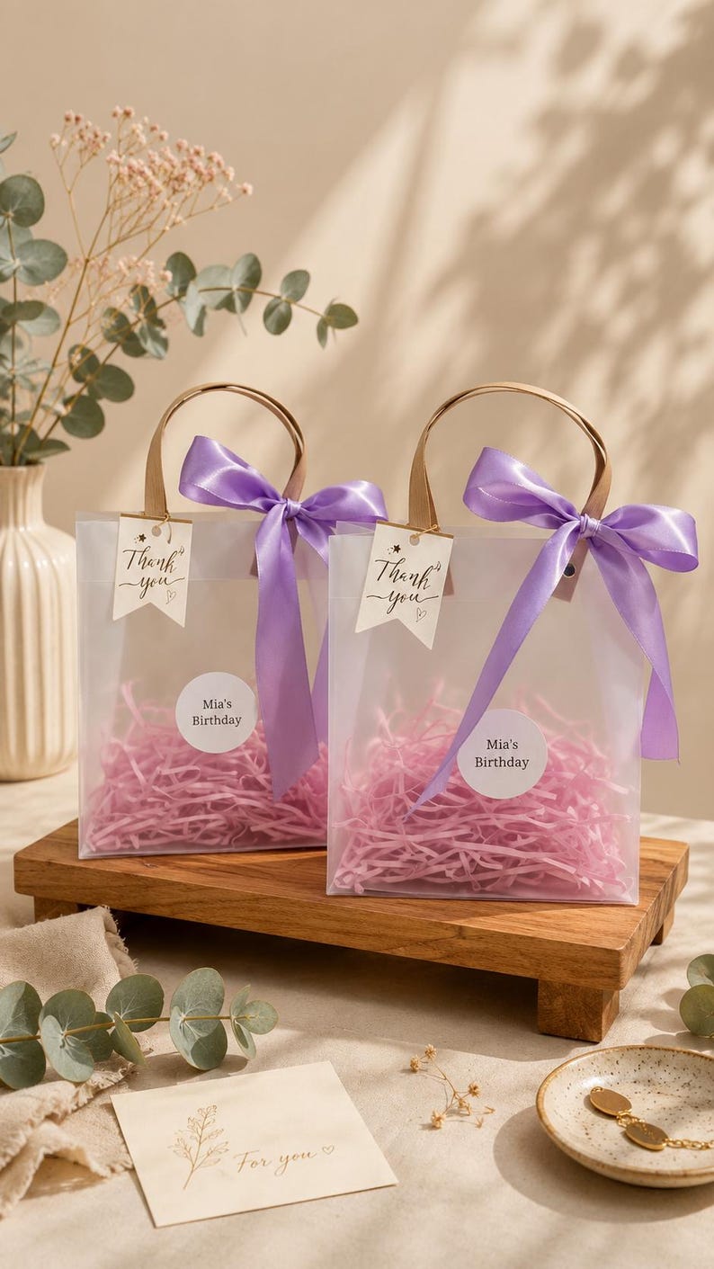 Ivory Wedding Favor Bags with Ribbon Handles, Transparent Gift Bags, Bridal Shower Favor Packaging, Elegant Wedding Welcome Bags