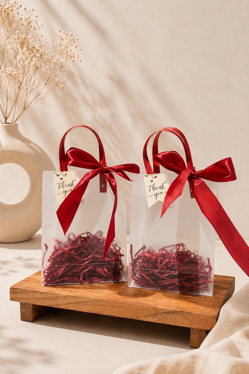 Ivory Wedding Favor Bags with Ribbon Handles, Transparent Gift Bags, Bridal Shower Favor Packaging, Elegant Wedding Welcome Bags