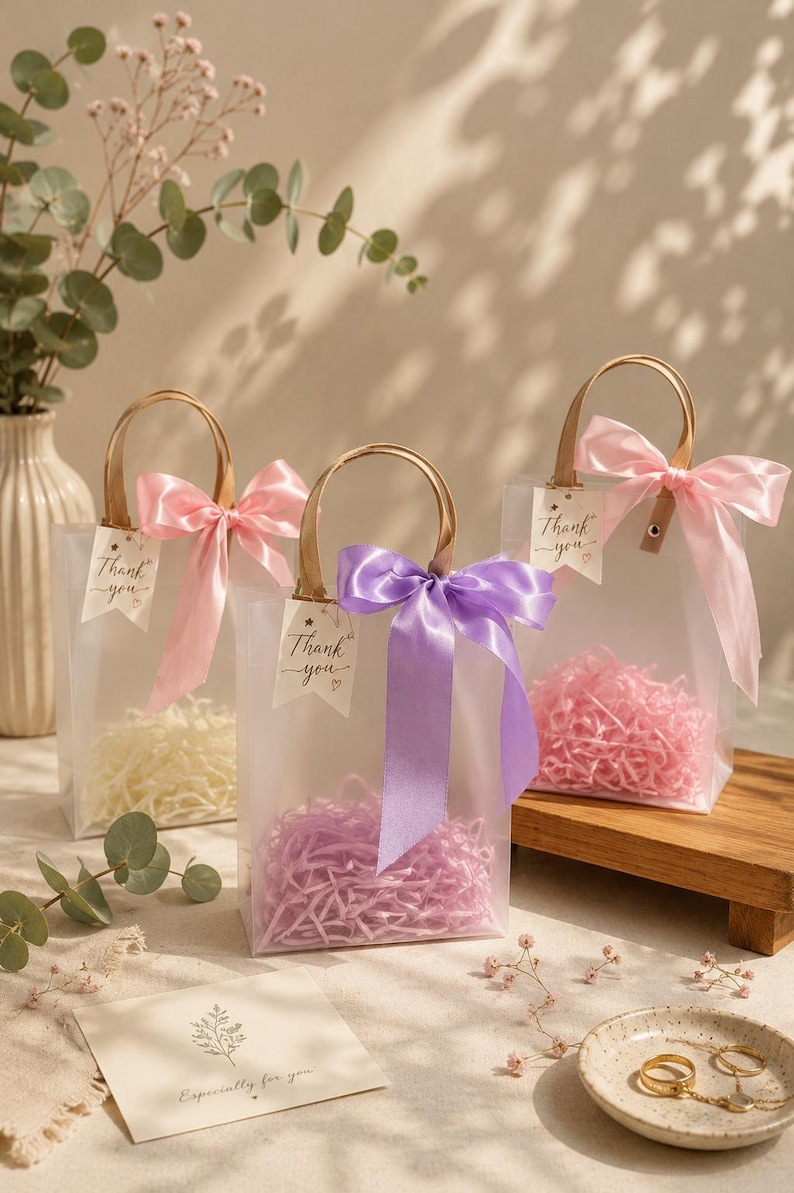 Ivory Wedding Favor Bags with Ribbon Handles, Transparent Gift Bags, Bridal Shower Favor Packaging, Elegant Wedding Welcome Bags