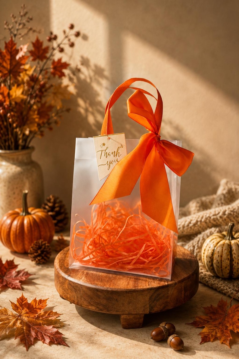 Fall Gift Bags with Orange Bow, Thanksgiving Favor Bags, Autumn Gift Bags, Fall Party Favors, Thank You Bags, Clear Gift Bags
