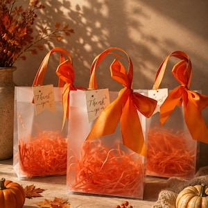 Fall Gift Bags with Orange Bow, Thanksgiving Favor Bags, Autumn Gift Bags, Fall Party Favors, Thank You Bags, Clear Gift Bags