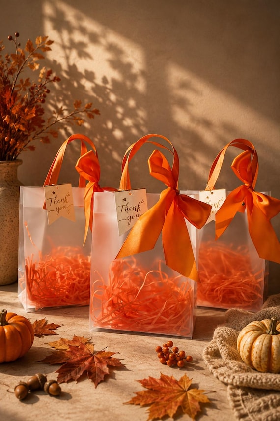 Fall Gift Bags with Orange Bow, Thanksgiving Favor Bags, Autumn Gift Bags, Fall Party Favors, Thank You Bags, Clear Gift Bags