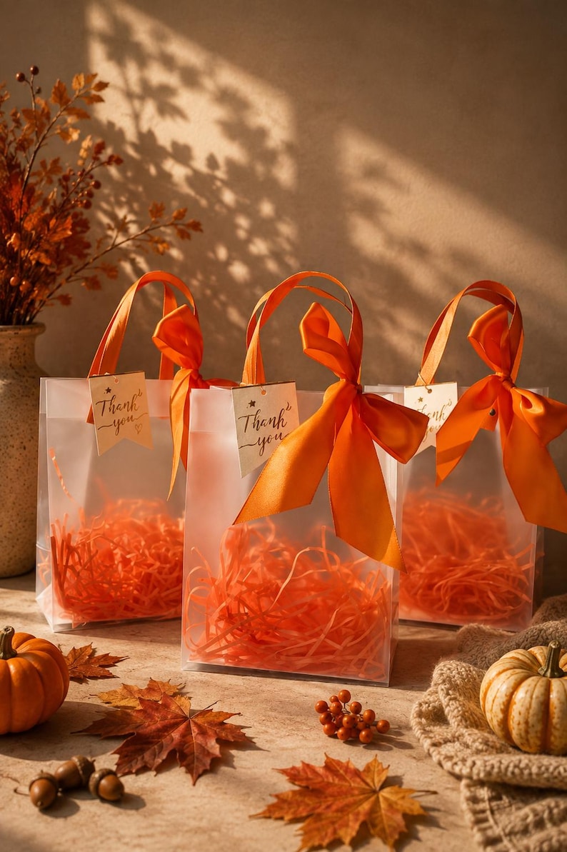Fall Gift Bags with Orange Bow, Thanksgiving Favor Bags, Autumn Gift Bags, Fall Party Favors, Thank You Bags, Clear Gift Bags