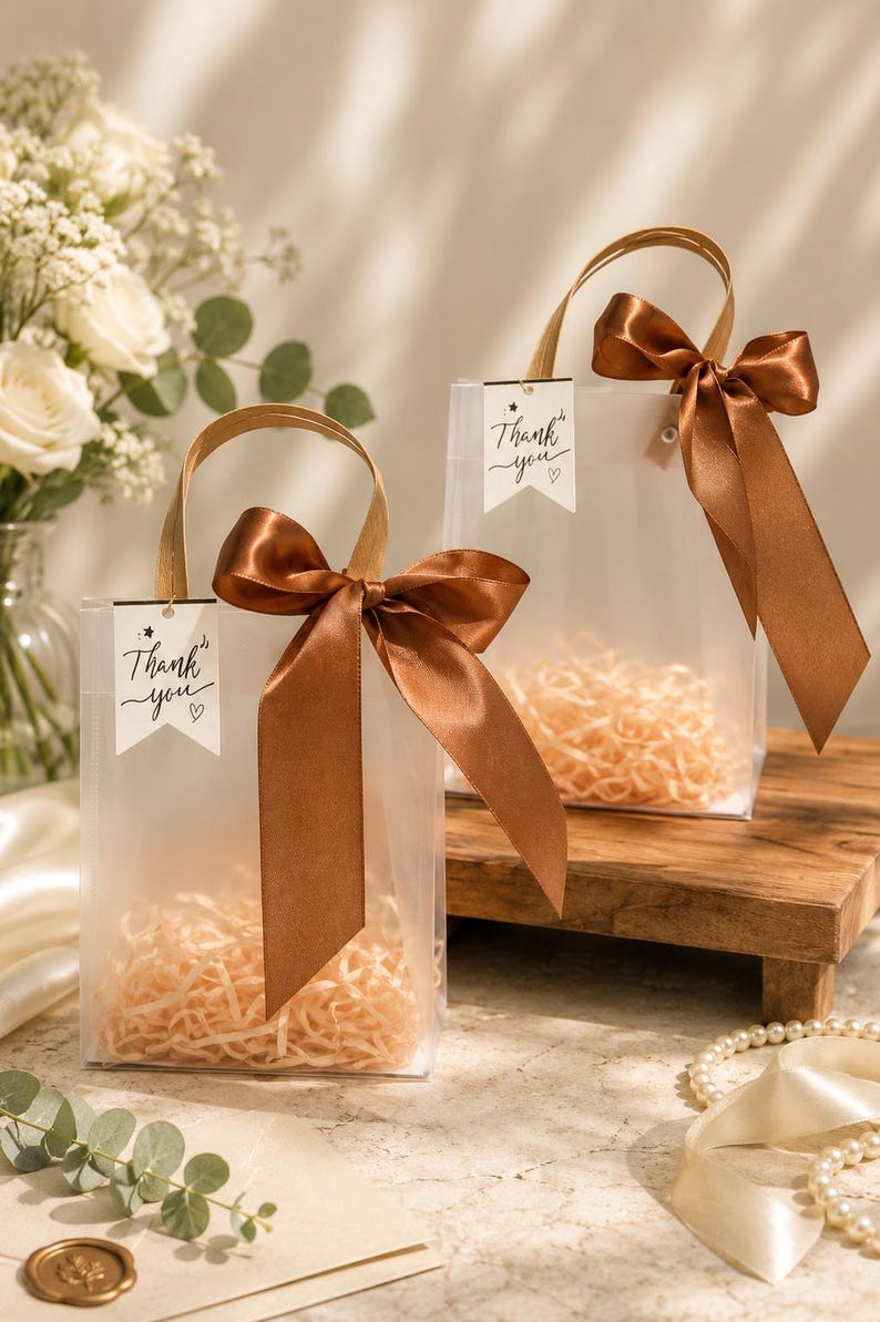 Ivory Wedding Favor Bags with Ribbon Handles, Transparent Gift Bags, Bridal Shower Favor Packaging, Elegant Wedding Welcome Bags