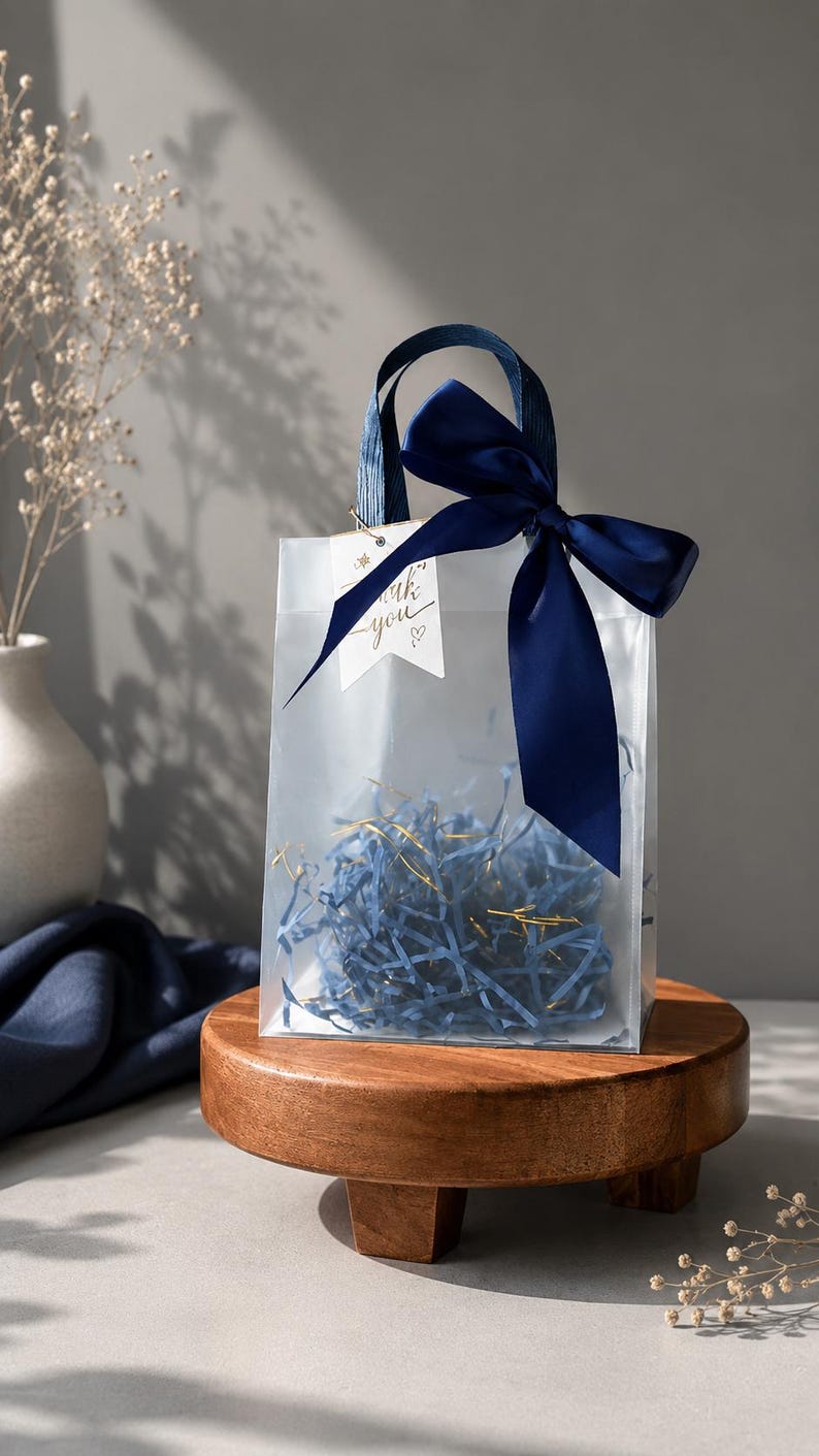 May include: A translucent gift bag with navy blue ribbon handles and a matching bow. The bag contains blue shredded paper filler and features a white tag with the text thank you and a small heart symbol attached to the handle.