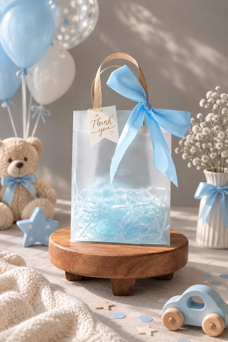 May include: A translucent frosted gift bag with light blue paper shred filler, featuring a light blue satin ribbon bow on the handle and a small white tag with the text Thank you written in brown script, centered on a round wooden pedestal.