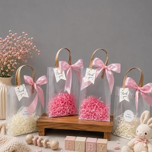 Ivory Wedding Favor Bags with Ribbon Handles, Transparent Gift Bags, Bridal Shower Favor Packaging, Elegant Wedding Welcome Bags