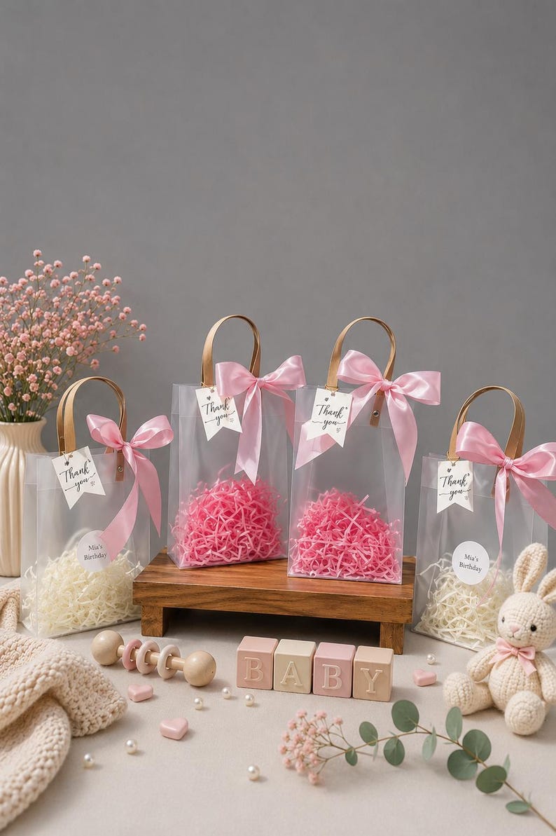 Ivory Wedding Favor Bags with Ribbon Handles, Transparent Gift Bags, Bridal Shower Favor Packaging, Elegant Wedding Welcome Bags