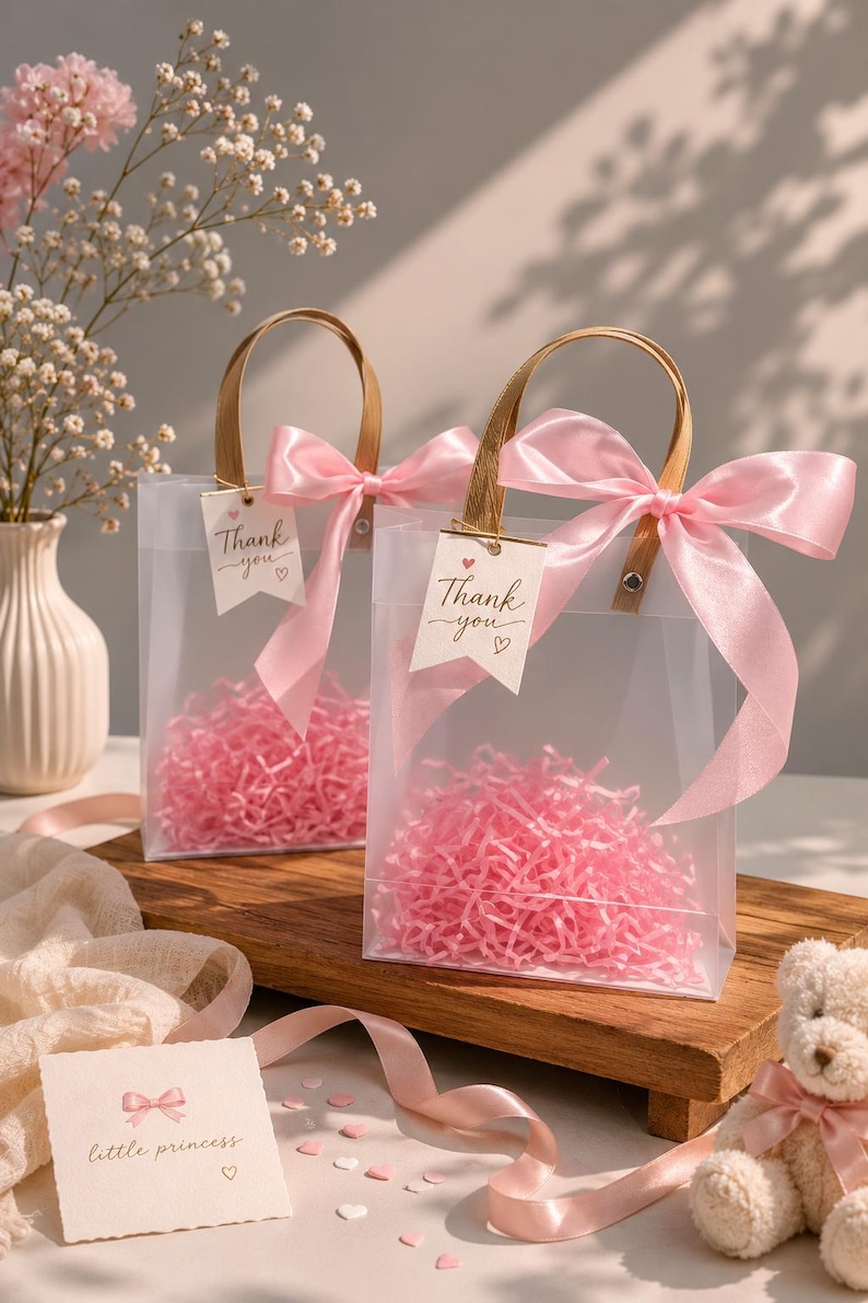 Ivory Wedding Favor Bags with Ribbon Handles, Transparent Gift Bags, Bridal Shower Favor Packaging, Elegant Wedding Welcome Bags