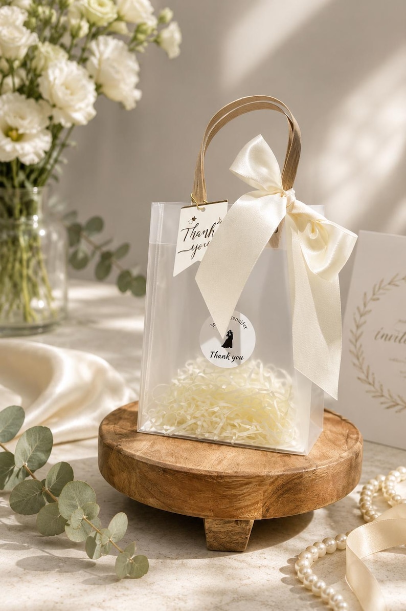 Ivory Wedding Favor Bags with Ribbon Handles, Transparent Gift Bags, Bridal Shower Favor Packaging, Elegant Wedding Welcome Bags