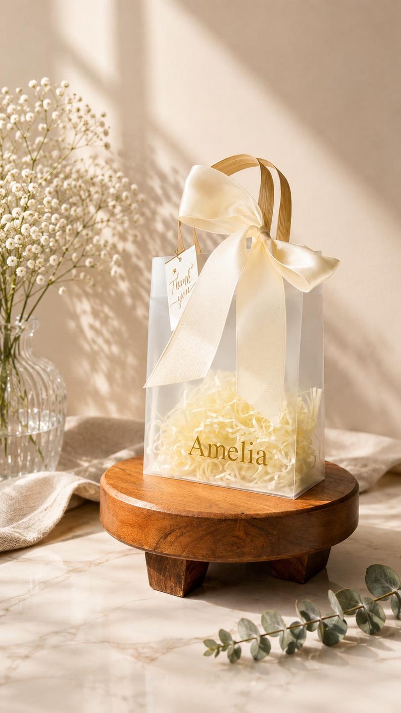 May include: A clear, rectangular gift bag featuring the name Amelia printed in gold lettering on the front. The bag is filled with light-colored shredded paper filler and is tied with a large, cream-colored satin ribbon bow. A small tag attached to the handle reads Thank you.