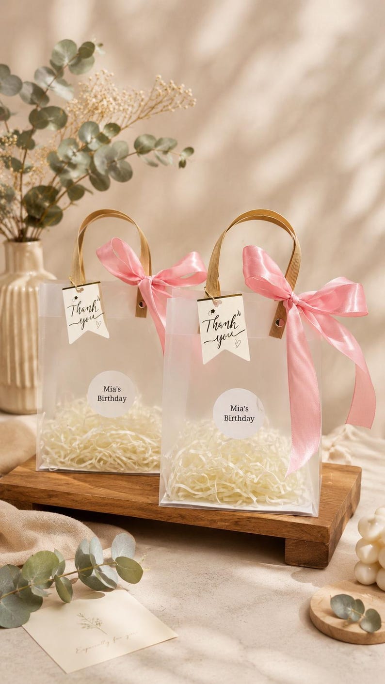 Ivory Wedding Favor Bags with Ribbon Handles, Transparent Gift Bags, Bridal Shower Favor Packaging, Elegant Wedding Welcome Bags