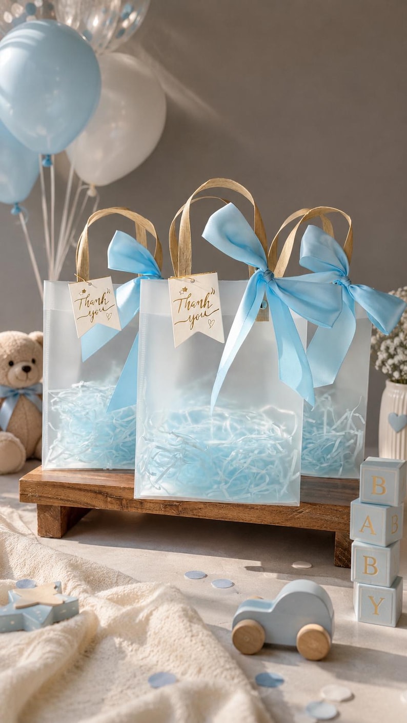 May include: Three translucent frosted gift bags with gold handles and light blue satin ribbons. Each bag contains light blue shredded paper filler and features a small white tag with the gold cursive text Thank you and a heart symbol.