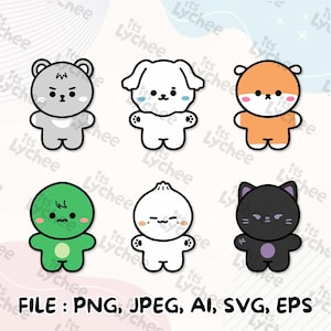 May include: A digital illustration featuring six cartoon characters in a grid. The characters include a gray bear, a white dog, an orange hamster, a green creature, a white dumpling-shaped figure, and a black cat. Text reads: FILE : PNG, JPEG, AI, SVG, EPS.