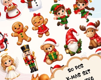 May include: A collection of 20 Christmas-themed digital illustrations featuring a snowman, gingerbread figures, elves, a nutcracker, a teddy bear, a gnome, a reindeer, an angel, and a squirrel, with text reading 20 PCS X-MAS SET PNG & JPEG.