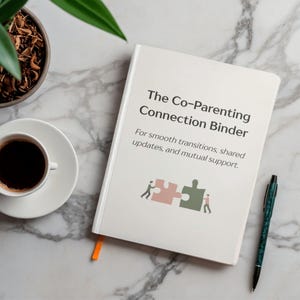 以下が含まれることがあります： The Co-Parenting Connection Binderというタイトルの白いバインダー。サブタイトルはFor smooth transitions, shared updates, and mutual support。表紙には、ピンクと緑の2つのパズルピースを繋ぐ2人の人物のグラフィックが描かれています。