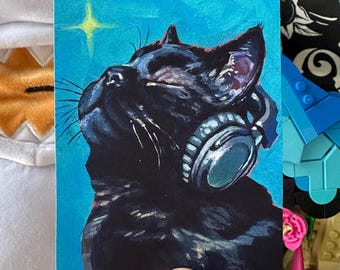 ACEO *ART PRINT* "Cat Wearing Headphones", 2.5x3.5”, 4x6”