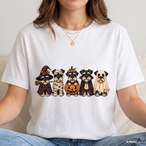 Puede incluir: Una camiseta blanca de manga corta con un estampado gráfico de cinco perros Schnauzer vestidos con disfraces de Halloween, incluyendo una bruja, una momia, una calabaza, un vampiro y un fantasma, dispuestos en fila horizontal en el pecho.