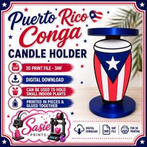 May include: A 3D printed candle holder shaped like a conga drum, featuring the Puerto Rican flag design with red, white, and blue colors. The object has a circular blue base and top, with a central drum body displaying a white star on a blue triangle.